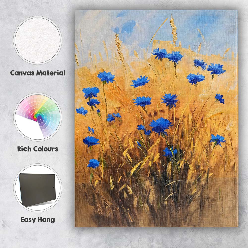 Golden Wheat Field Blue Cornflowers Impressionist Floral Countryside Canvas Wall Art Print Decor Picture Ready to Hang