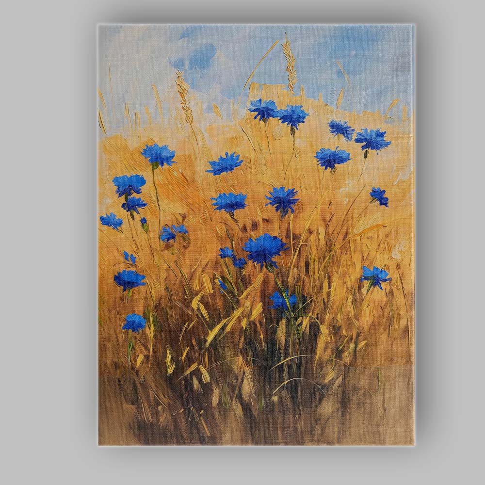 Golden Wheat Field Blue Cornflowers Impressionist Floral Countryside Canvas Wall Art Print Decor Picture Ready to Hang
