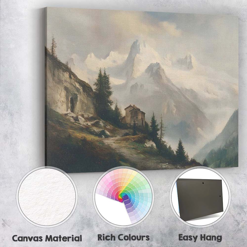 Majestic Snowy Alpine Mountain Cabin Landscape Canvas Wall Art Print Decor Picture Ready to Hang