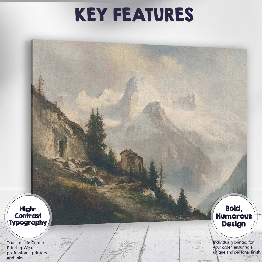 Majestic Snowy Alpine Mountain Cabin Landscape Canvas Wall Art Print Decor Picture Ready to Hang
