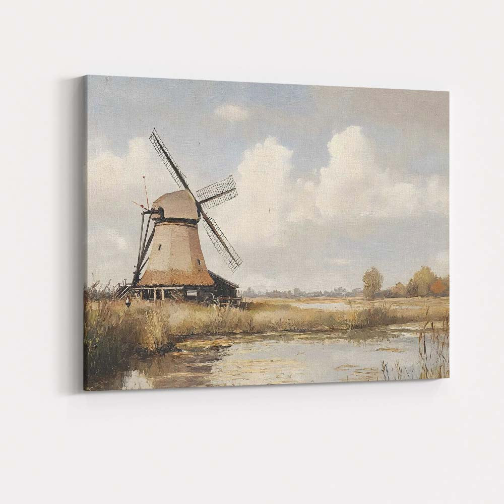 Traditional Countryside Windmill Waterside Landscape Painting Canvas Wall Art Print Decor Picture Ready to Hang