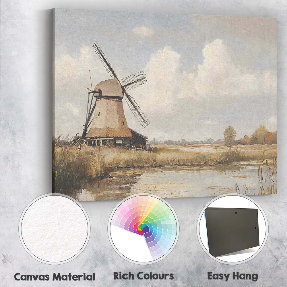 Traditional Countryside Windmill Waterside Landscape Painting Canvas Wall Art Print Decor Picture Ready to Hang