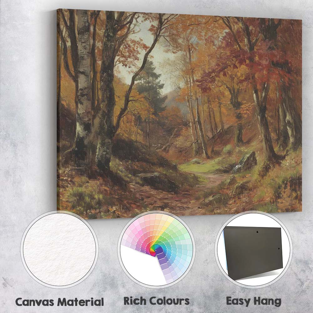 Autumn Woodland Trail Forest Landscape Painting Canvas Wall Art Print Decor Picture Ready to Hang
