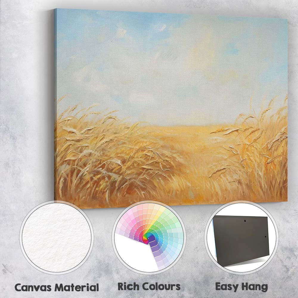 Minimalist Golden Barley Field Under Pale Blue Sky Canvas Wall Art Print Decor Picture Ready to Hang