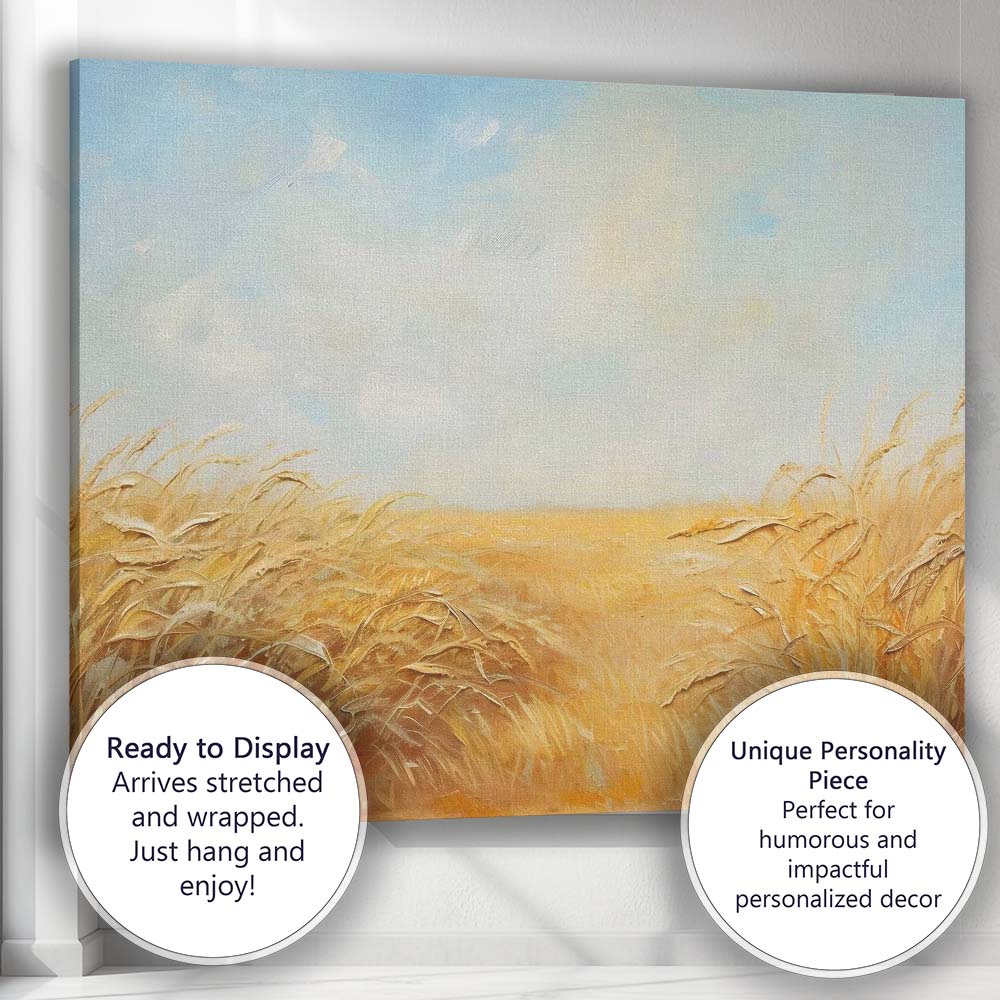 Minimalist Golden Barley Field Under Pale Blue Sky Canvas Wall Art Print Decor Picture Ready to Hang