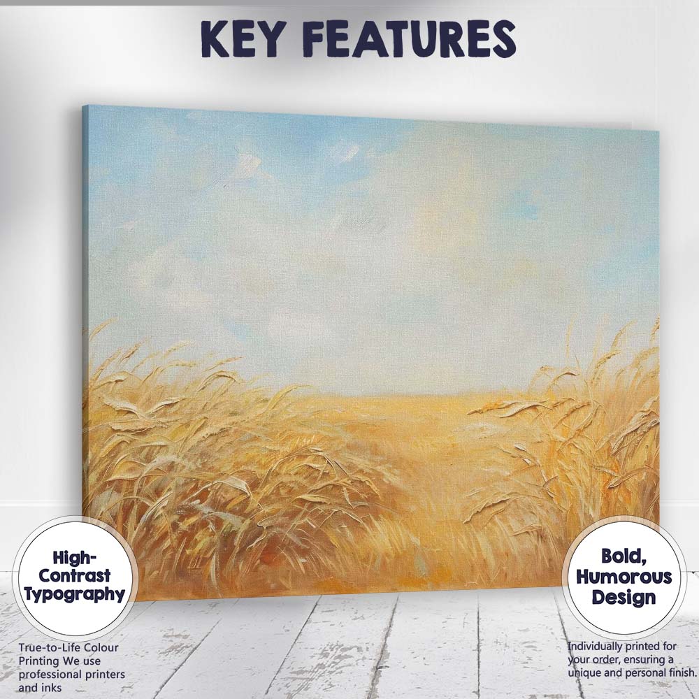 Minimalist Golden Barley Field Under Pale Blue Sky Canvas Wall Art Print Decor Picture Ready to Hang
