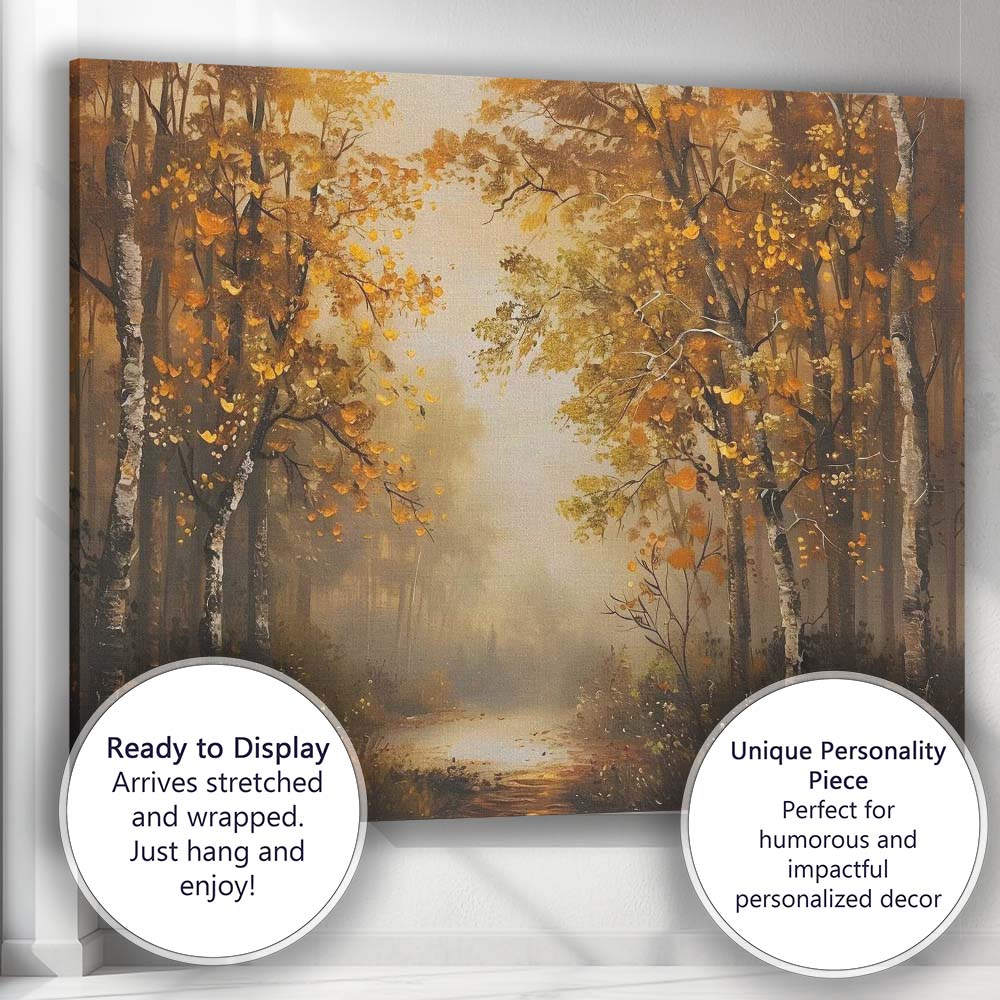 Golden Autumn Birch Forest Misty Woodland Path Canvas Wall Art Print Decor Picture Ready to Hang