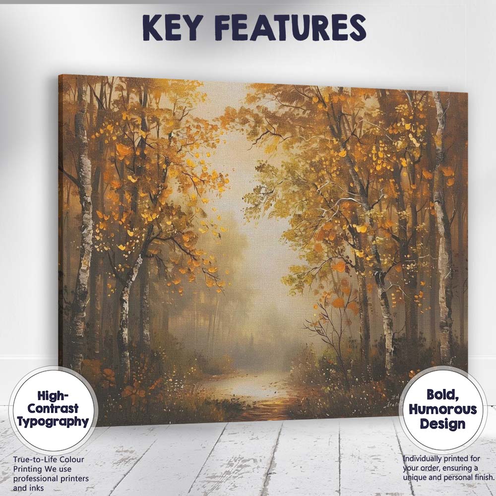 Golden Autumn Birch Forest Misty Woodland Path Canvas Wall Art Print Decor Picture Ready to Hang