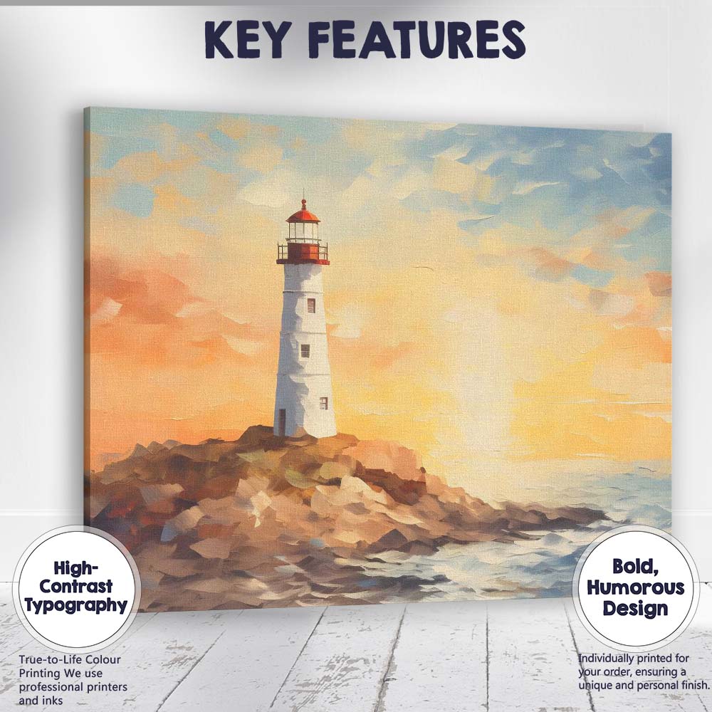 Coastal Lighthouse Rocky Shore Sunrise Impressionist Seascape Canvas Wall Art Print Decor Picture Ready to Hang