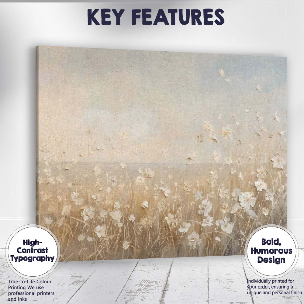 Delicate Ivory Wildflower Meadow Neutral Botanical Landscape Canvas Wall Art Print Decor Picture Ready to Hang