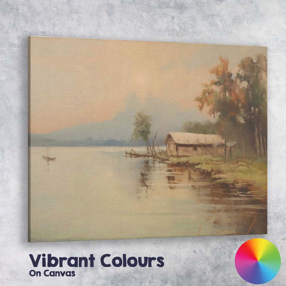 Calm Lakeside Cabin Autumn Landscape Canvas Wall Art Print Decor Picture Ready to Hang