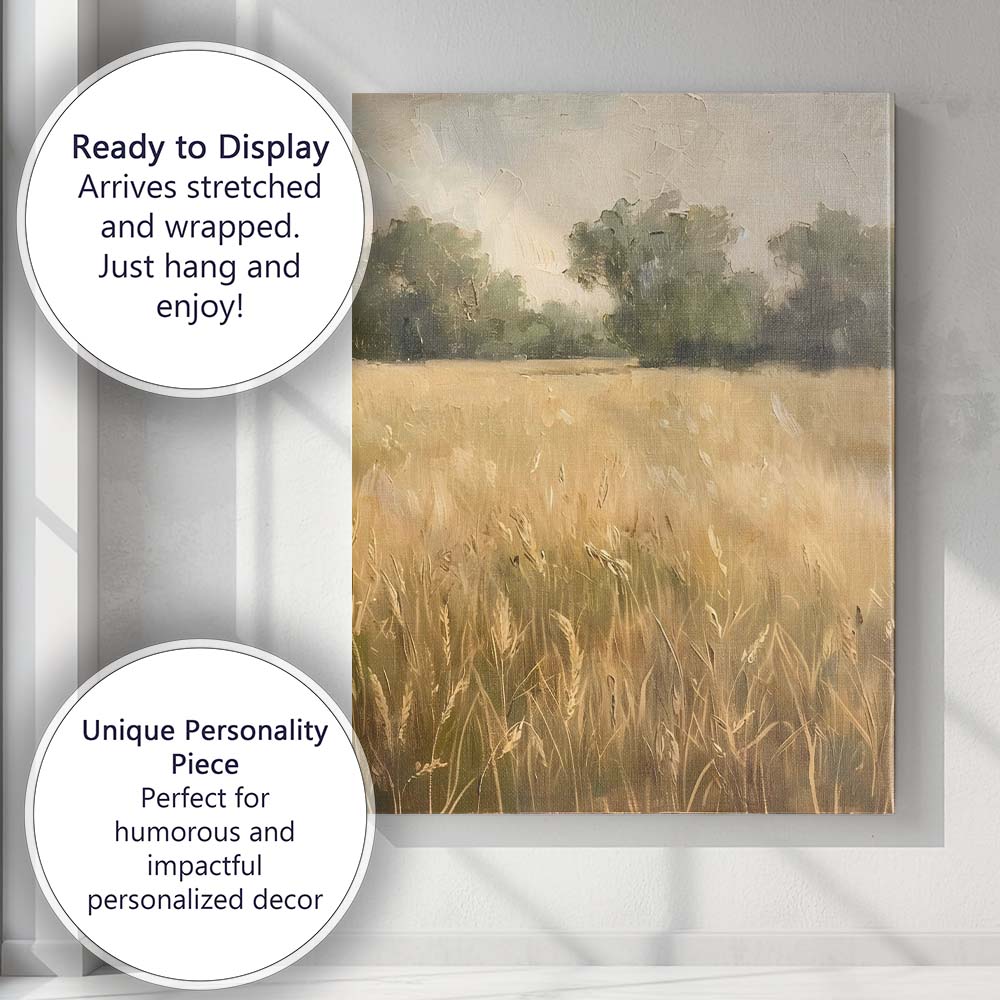 Golden Summer Meadow Landscape Textured Oil Painting Canvas Wall Art Print Decor Picture Ready to Hang