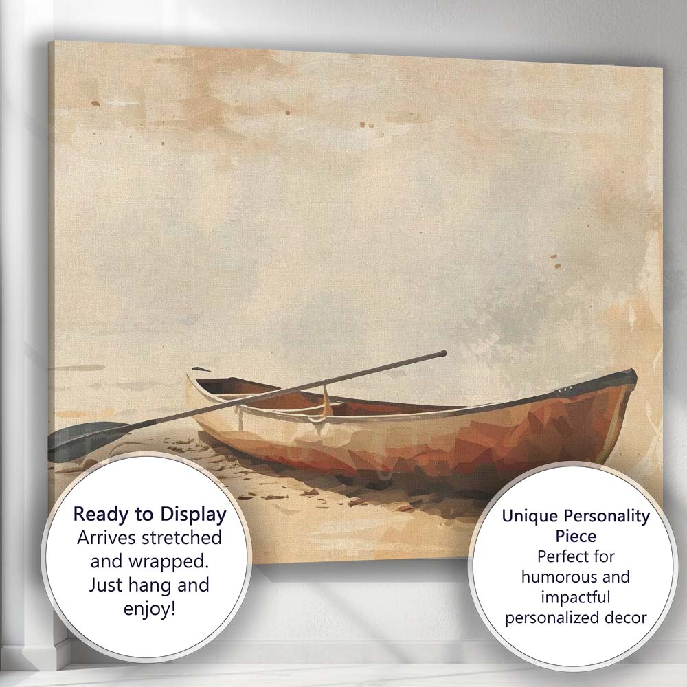 Minimalist Rustic Wooden Rowboat Lakeside Shore Impressionist Canvas Wall Art Print Decor Picture Ready to Hang