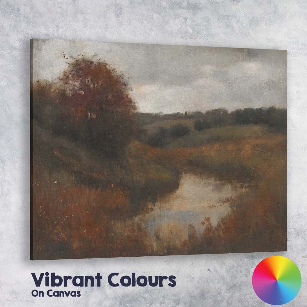 Moody Autumn River Countryside Landscape Impressionist Canvas Wall Art Print Decor Picture Ready to Hang