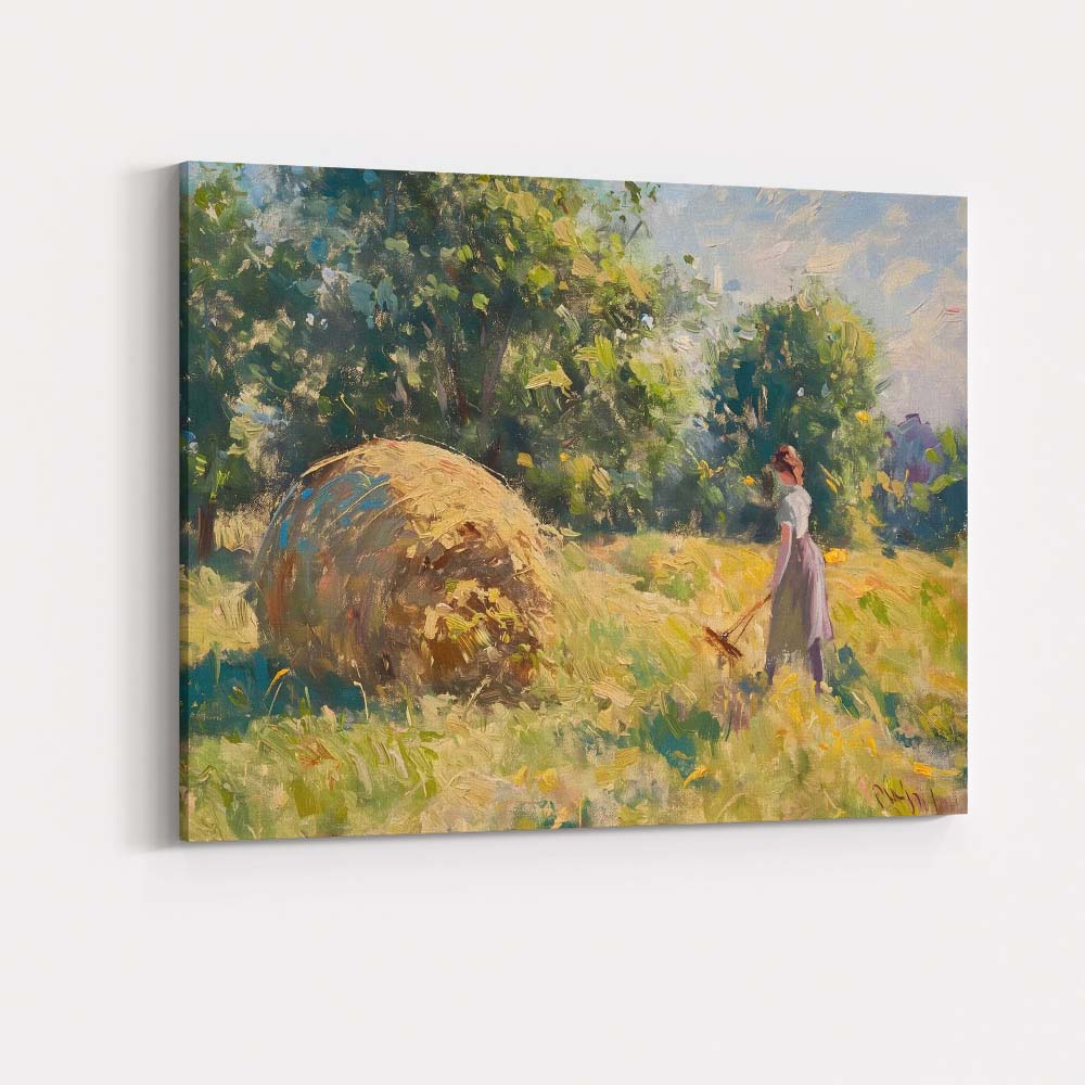 Impressionist Country Girl Hay Bale Summer Meadow Canvas Wall Art Print Decor Picture Ready to Hang