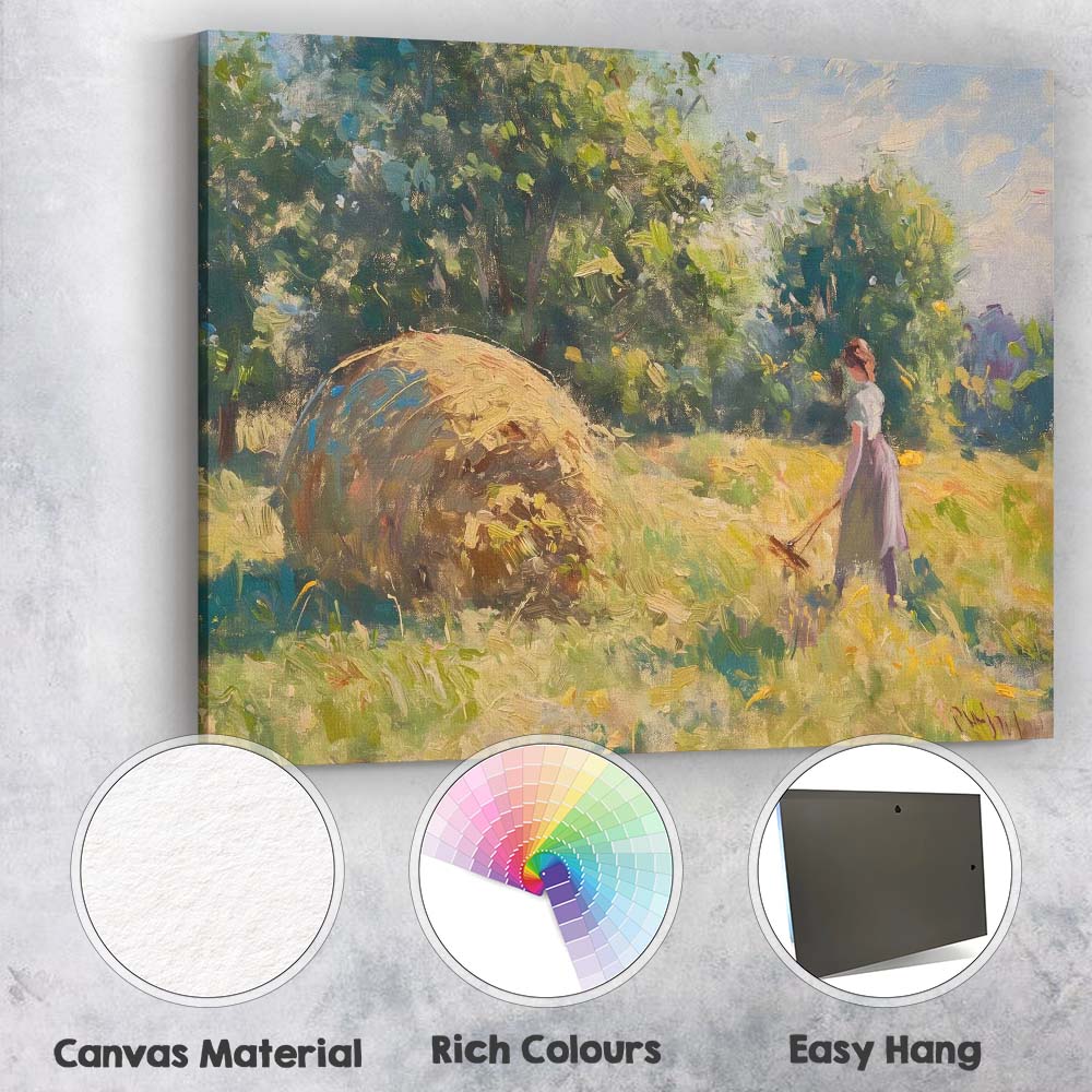 Impressionist Country Girl Hay Bale Summer Meadow Canvas Wall Art Print Decor Picture Ready to Hang