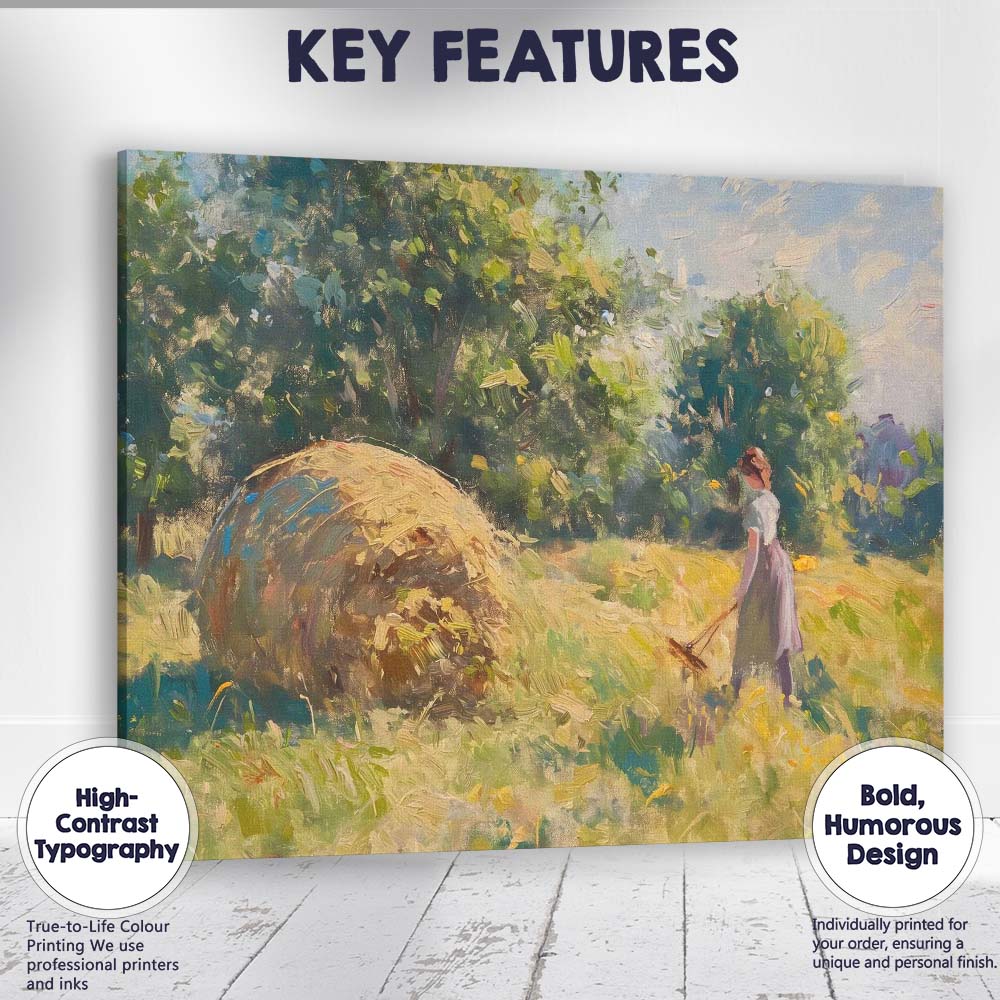 Impressionist Country Girl Hay Bale Summer Meadow Canvas Wall Art Print Decor Picture Ready to Hang