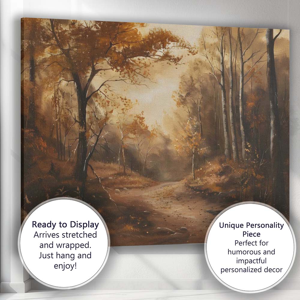 Moody Autumn Forest Path Sunlight Woodland Landscape Canvas Wall Art Print Decor Picture Ready to Hang