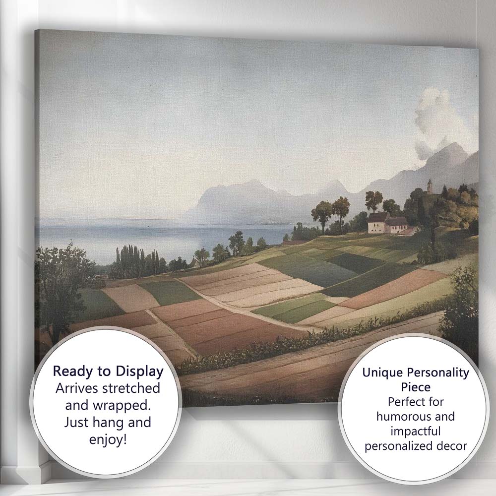 Peaceful Mountain Lake Patchwork Farmland Countryside Landscape Canvas Wall Art Print Decor Picture Ready to Hang