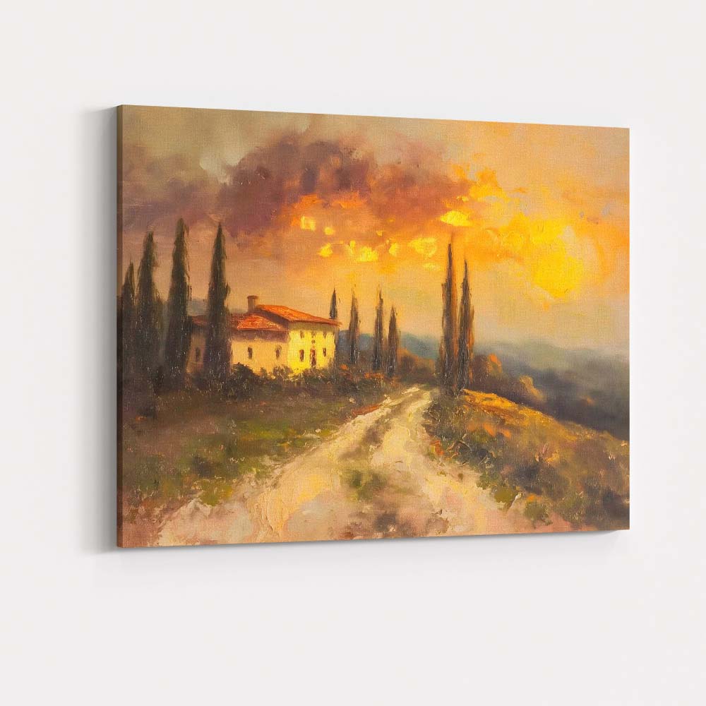 Tuscan Villa Cypress Trees Golden Sunset Oil Painting Landscape Canvas Wall Art Print Decor Picture Ready to Hang