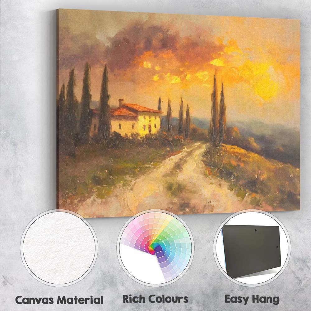 Tuscan Villa Cypress Trees Golden Sunset Oil Painting Landscape Canvas Wall Art Print Decor Picture Ready to Hang