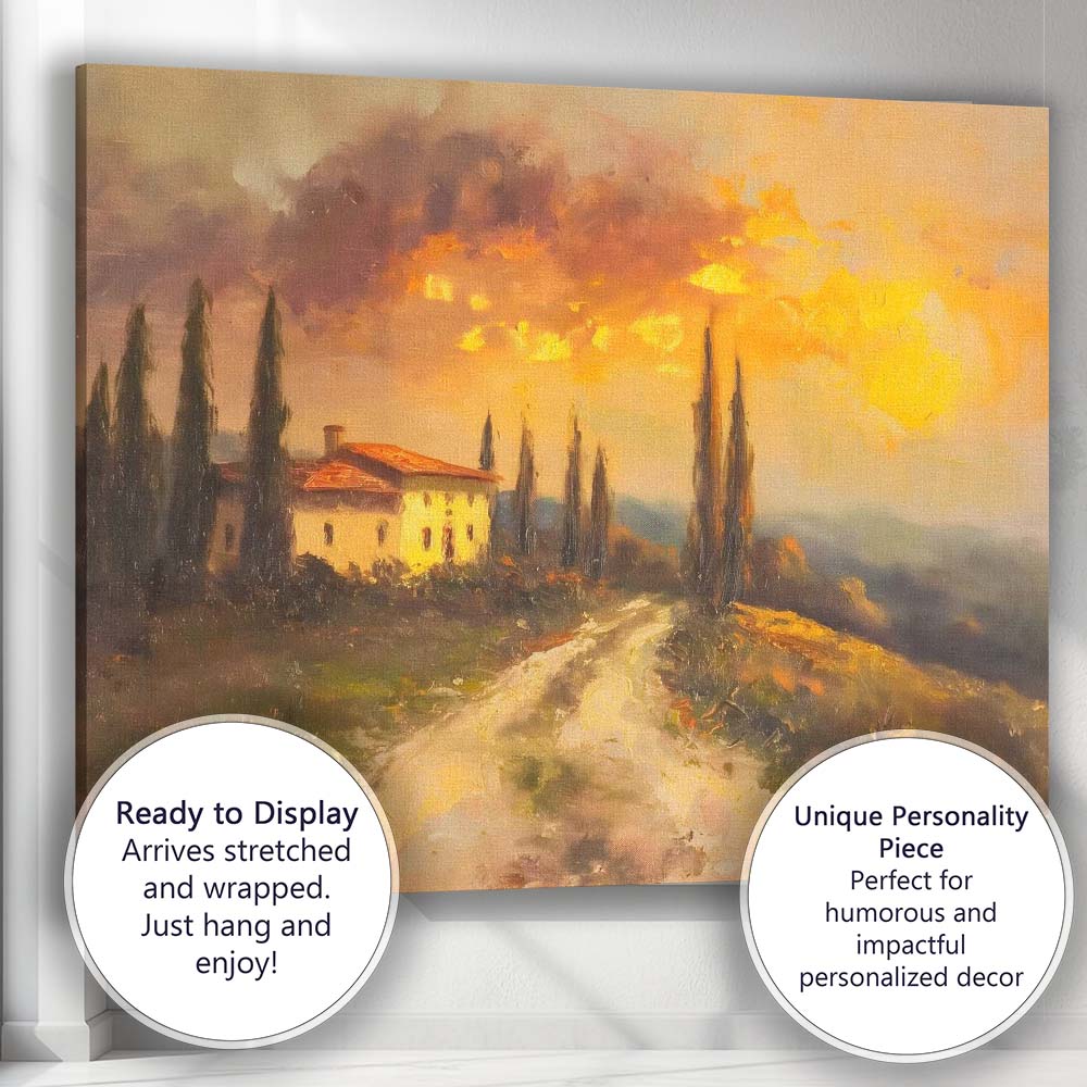 Tuscan Villa Cypress Trees Golden Sunset Oil Painting Landscape Canvas Wall Art Print Decor Picture Ready to Hang