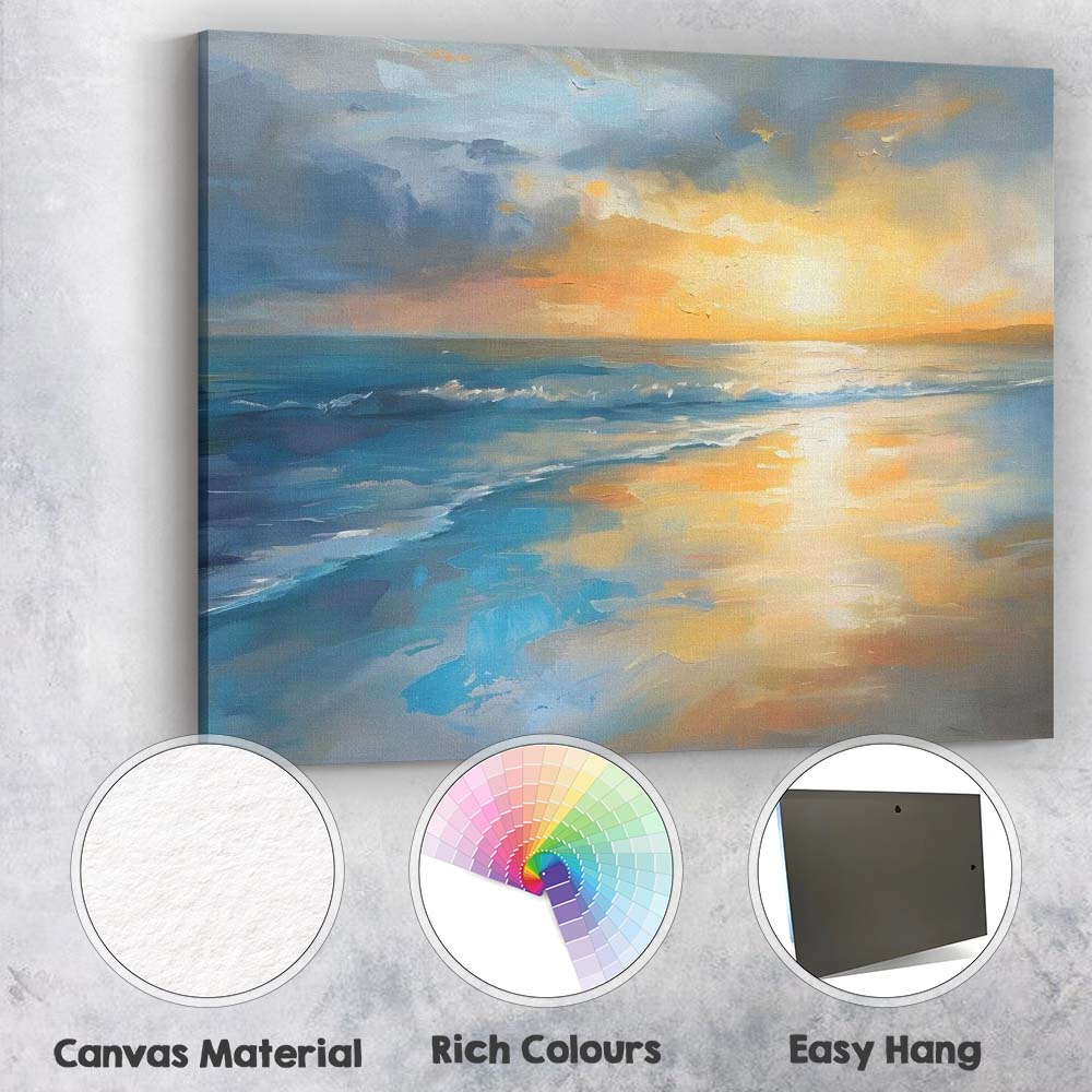 Abstract Coastal Sunset Seascape Blue and Gold Oil Painting Canvas Wall Art Print Decor Picture Ready to Hang