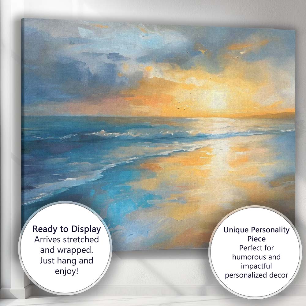 Abstract Coastal Sunset Seascape Blue and Gold Oil Painting Canvas Wall Art Print Decor Picture Ready to Hang