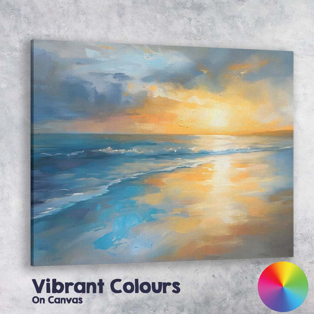 Abstract Coastal Sunset Seascape Blue and Gold Oil Painting Canvas Wall Art Print Decor Picture Ready to Hang