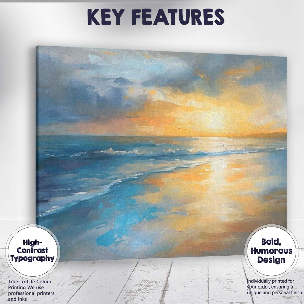 Abstract Coastal Sunset Seascape Blue and Gold Oil Painting Canvas Wall Art Print Decor Picture Ready to Hang