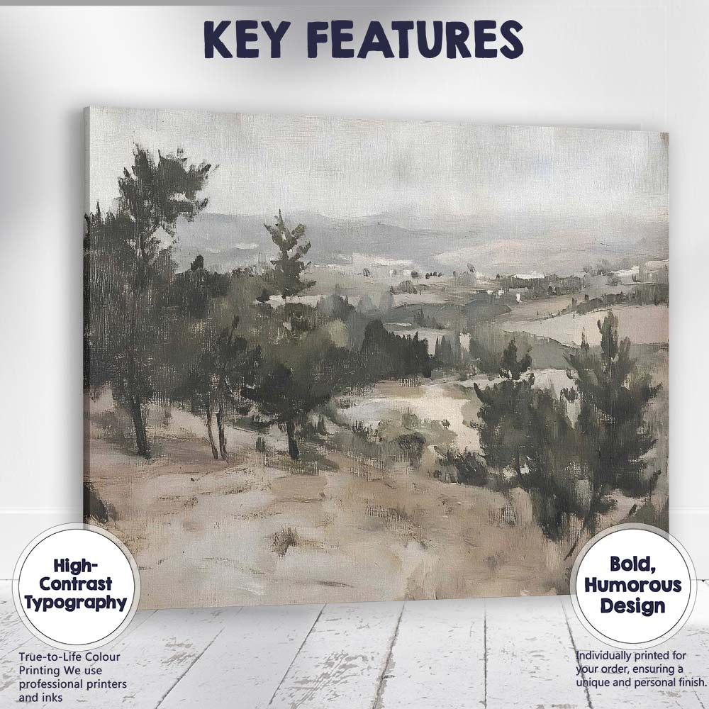 Monochrome Rural Valley Scenic Impressionist Landscape Painting Canvas Wall Art Print Decor Picture Ready to Hang