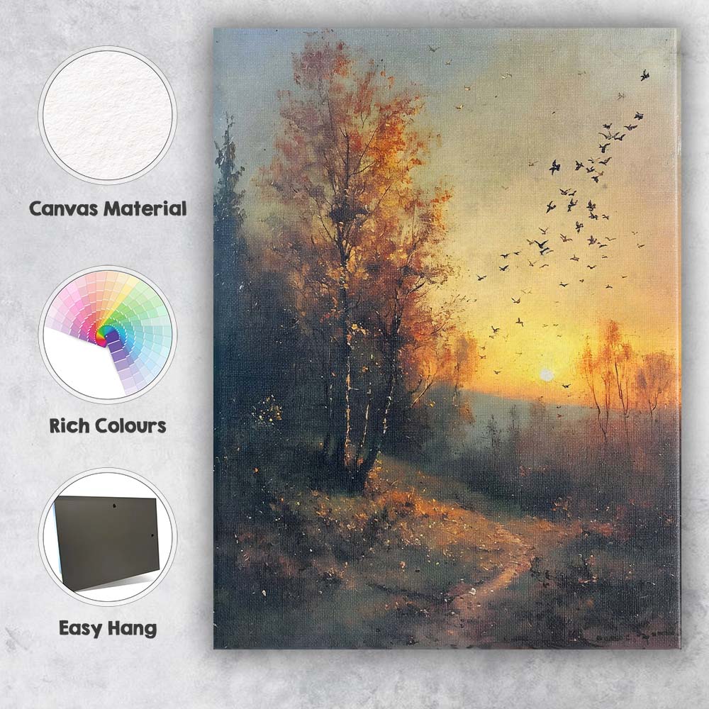 Autumn Sunrise Woodland Birds Atmospheric Nature Landscape Canvas Wall Art Print Decor Picture Ready to Hang