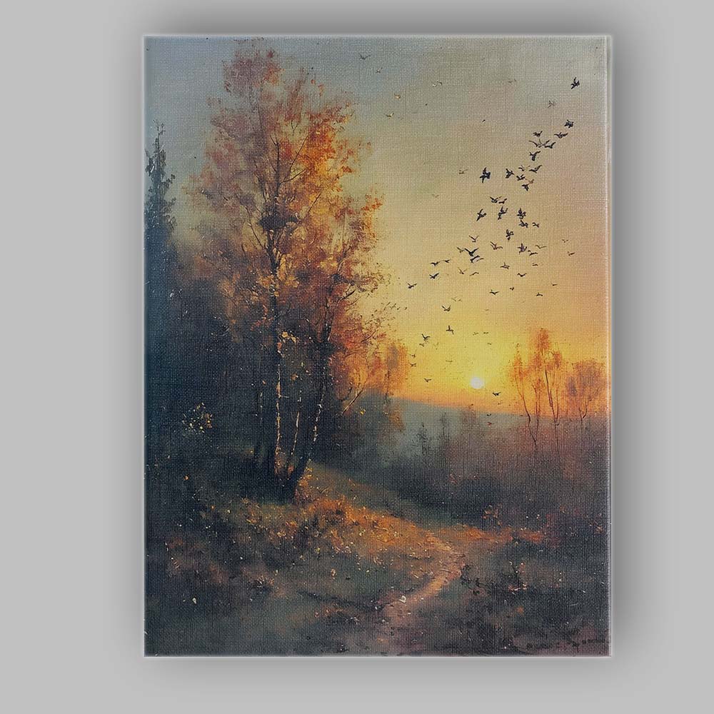 Autumn Sunrise Woodland Birds Atmospheric Nature Landscape Canvas Wall Art Print Decor Picture Ready to Hang