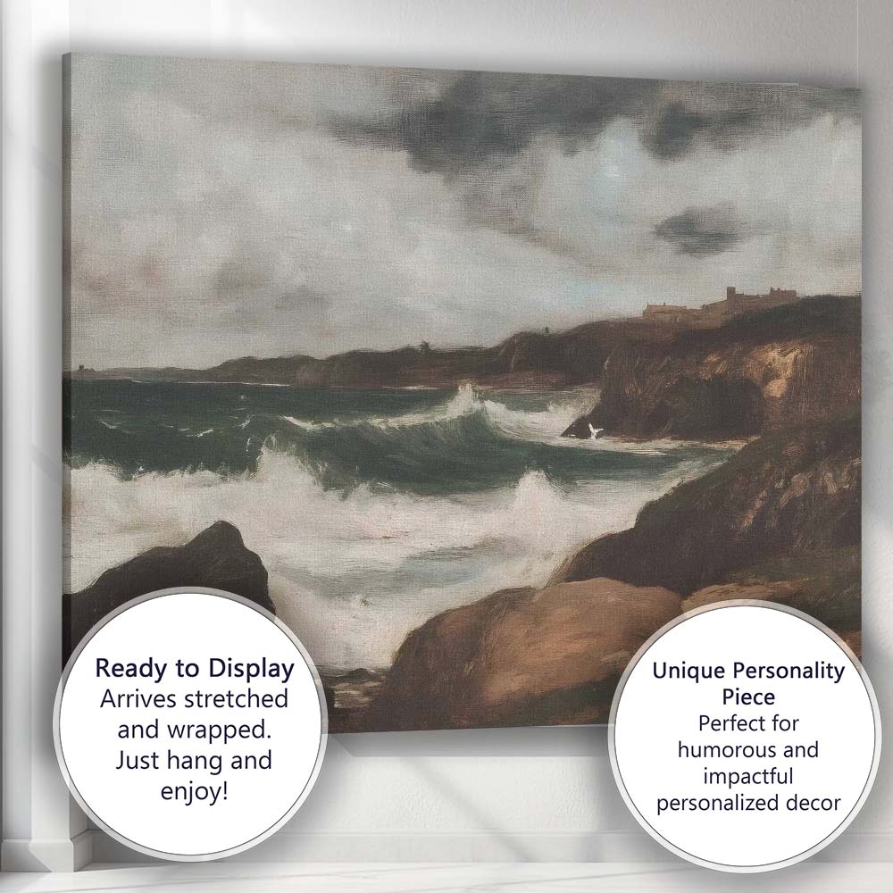 Stormy Coastal Cliffs Crashing Ocean Waves Moody Seascape Traditional Landscape Canvas Wall Art Print Decor Picture Ready to Hang