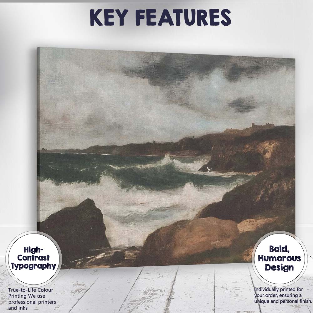Stormy Coastal Cliffs Crashing Ocean Waves Moody Seascape Traditional Landscape Canvas Wall Art Print Decor Picture Ready to Hang