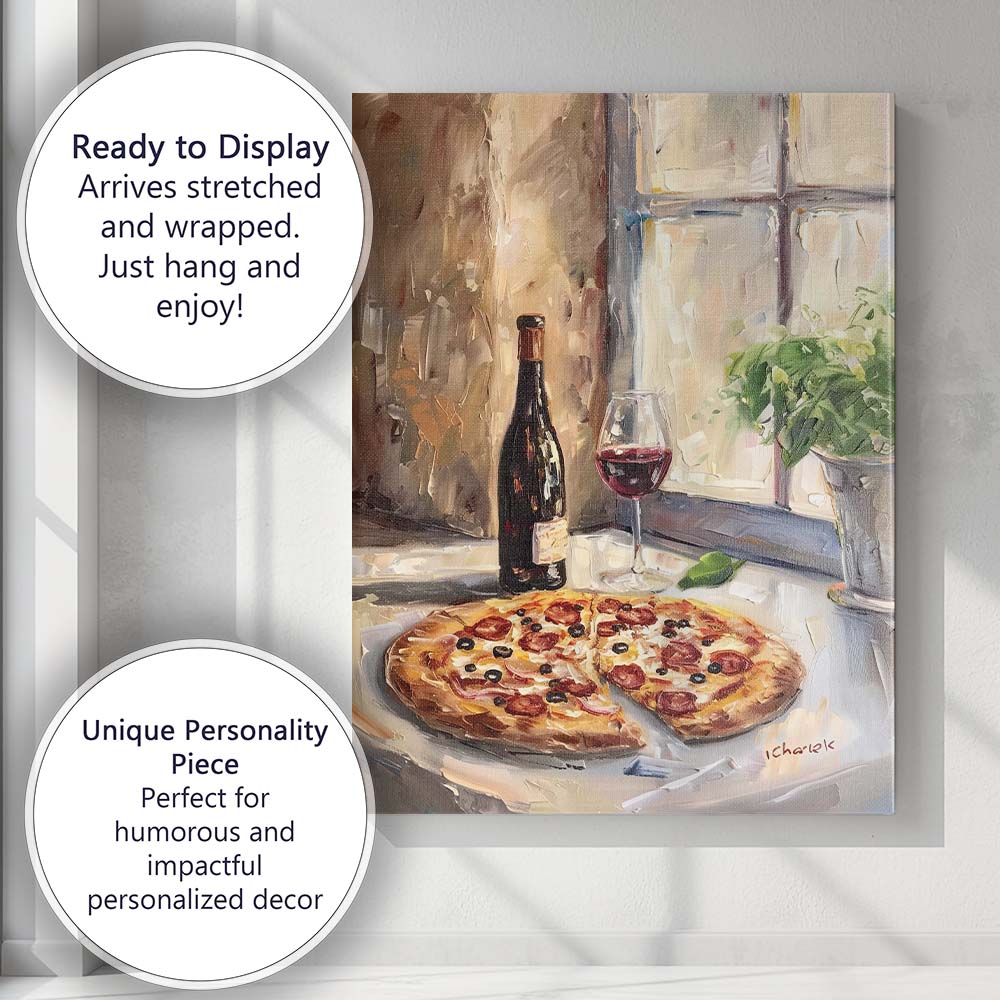 Rustic Italian Pizza And Red Wine Still Life Impressionist Kitchen Painting Canvas Wall Art Print Decor Picture Ready to Hang