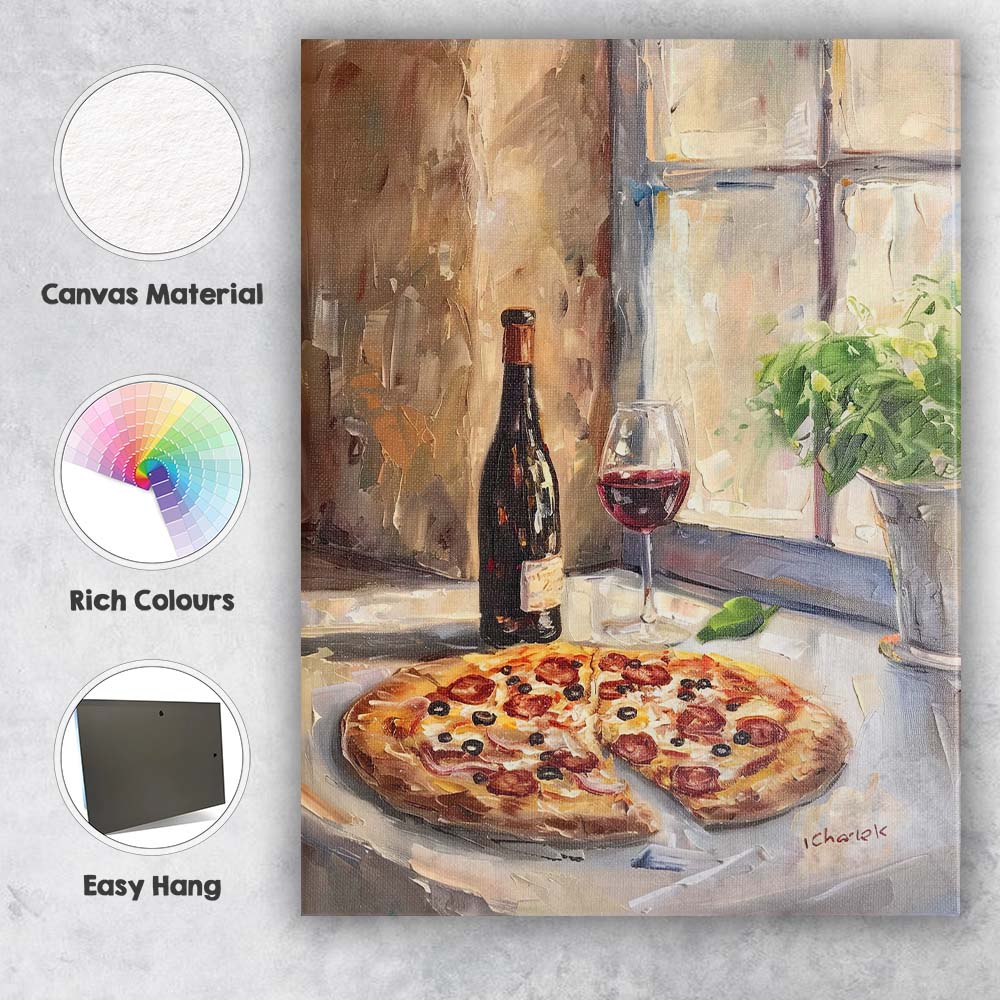 Rustic Italian Pizza And Red Wine Still Life Impressionist Kitchen Painting Canvas Wall Art Print Decor Picture Ready to Hang