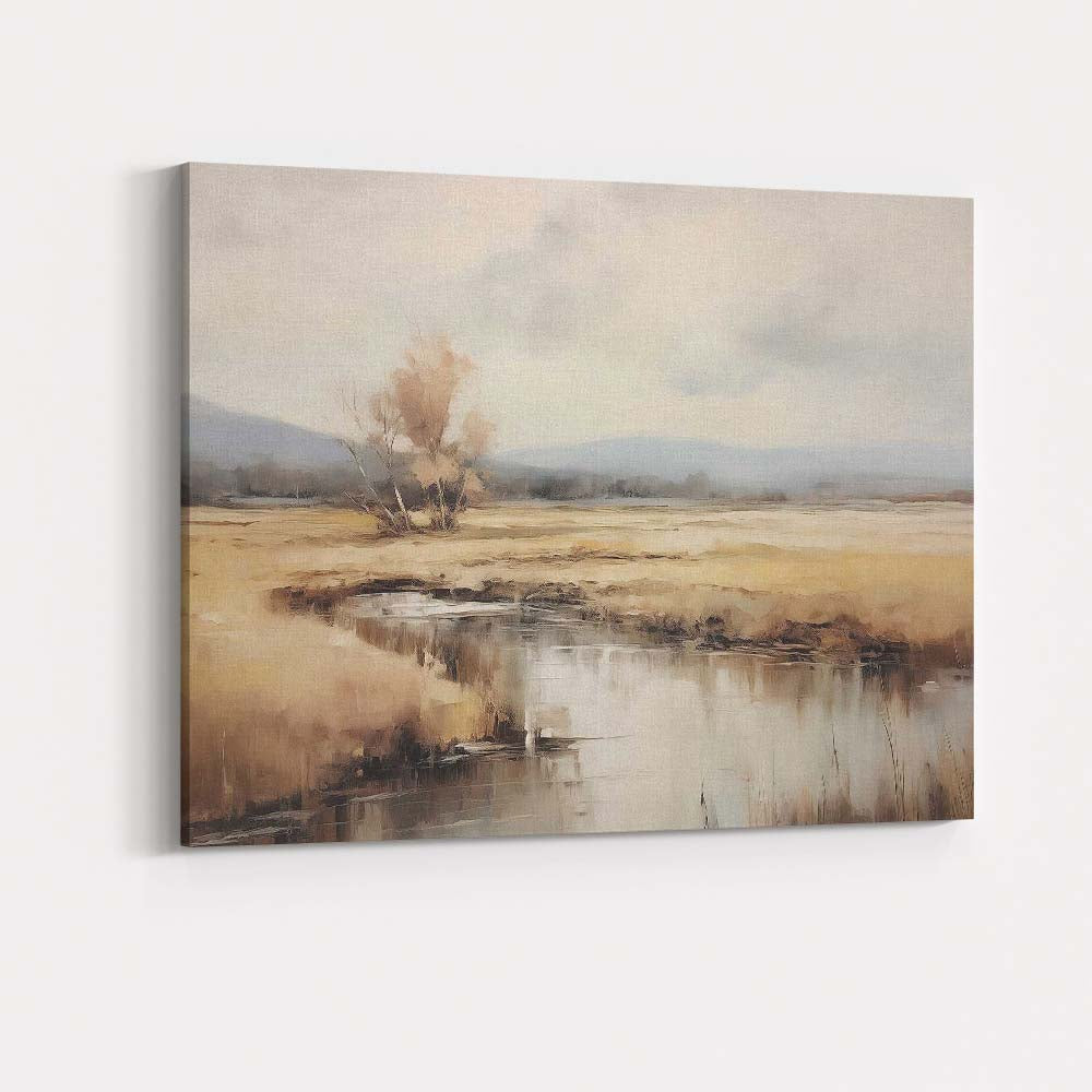 Soft Neutral Meadow Stream Misty Countryside Landscape Impressionist Canvas Wall Art Print Decor Picture Ready to Hang