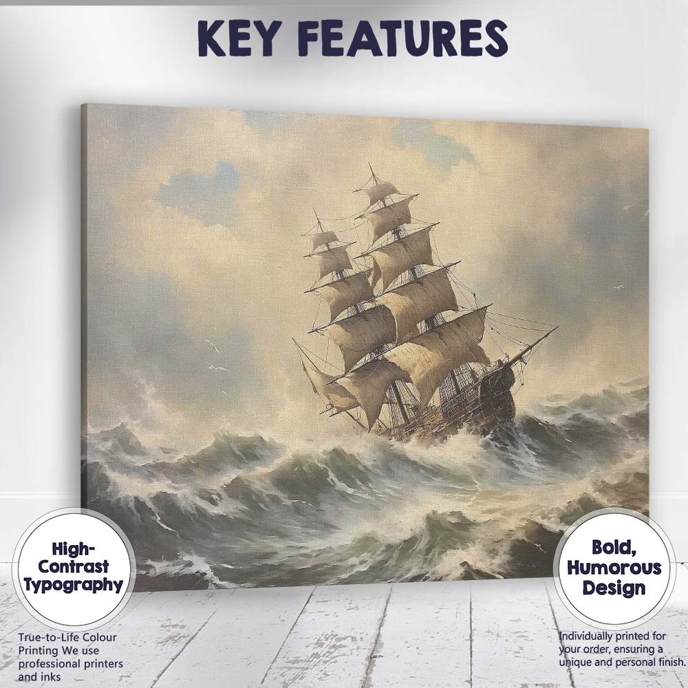 Majestic Tall Ship Sailing Through Stormy Ocean Waves Canvas Wall Art Print Decor Picture Ready to Hang