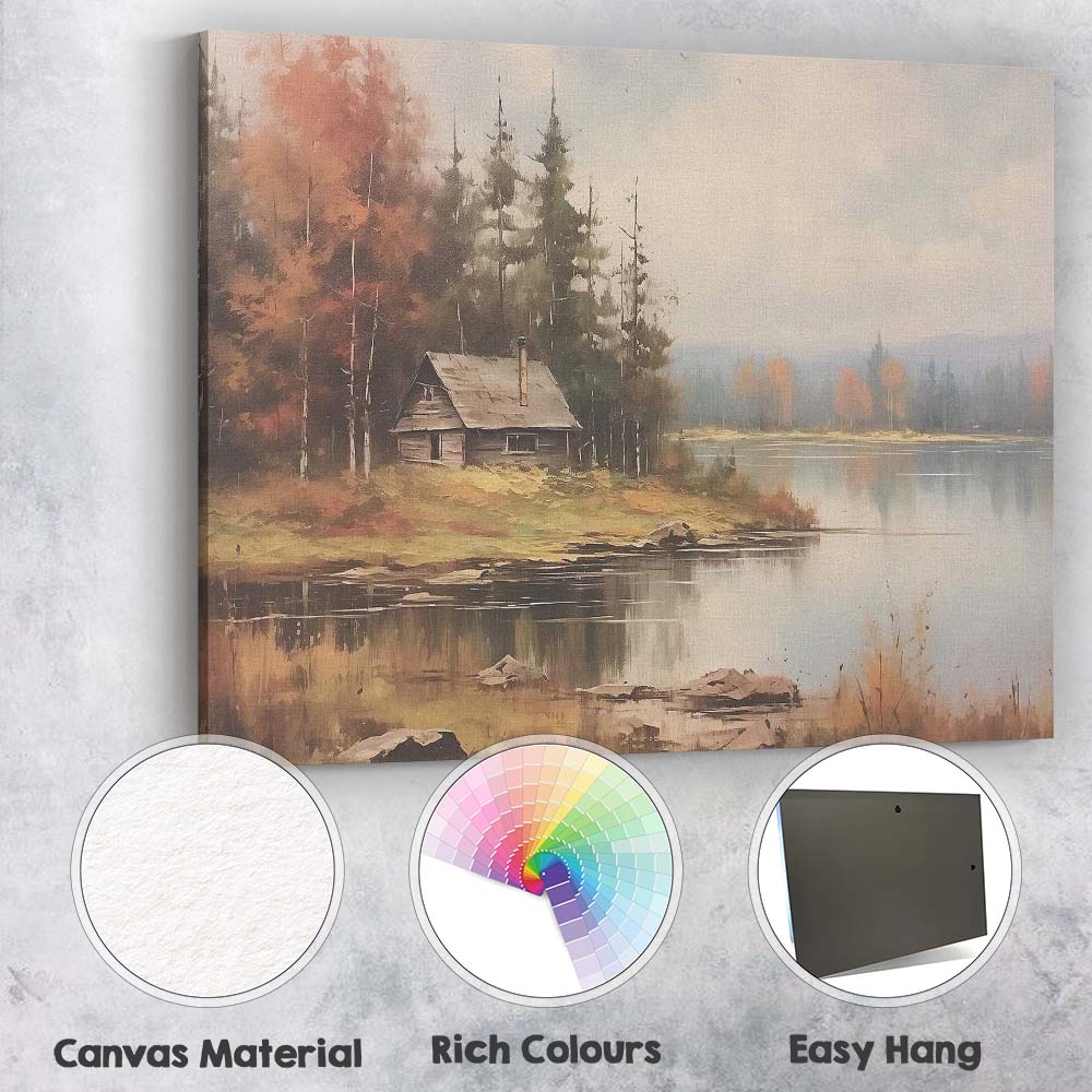 Misty Autumn Lakeside Cabin Forest Landscape Painting Canvas Wall Art Print Decor Picture Ready to Hang