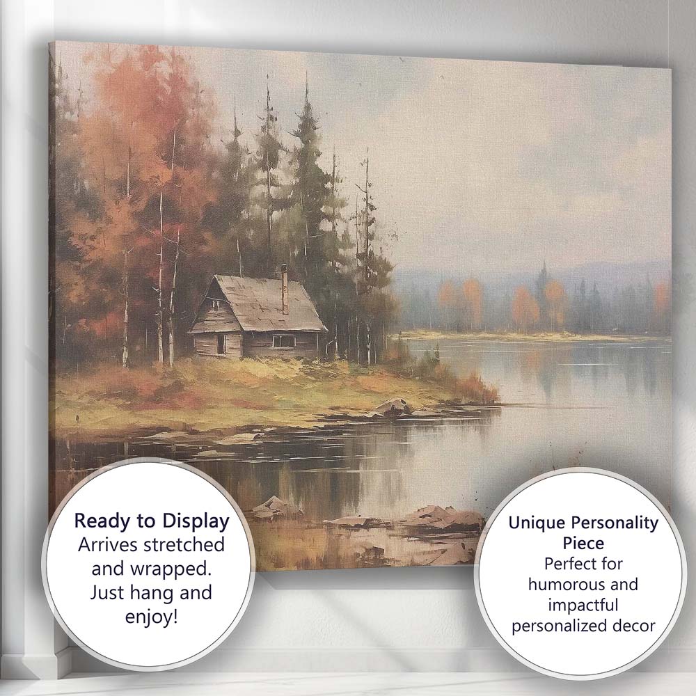 Misty Autumn Lakeside Cabin Forest Landscape Painting Canvas Wall Art Print Decor Picture Ready to Hang