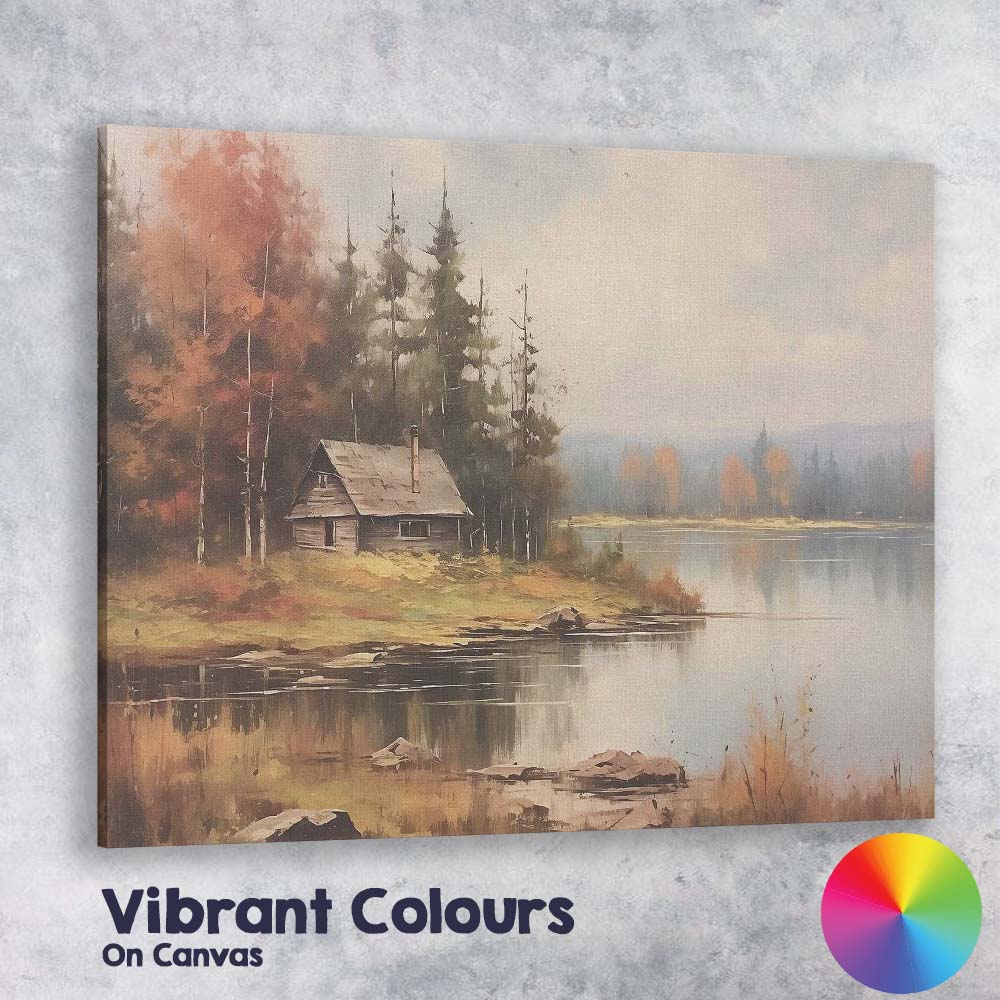 Misty Autumn Lakeside Cabin Forest Landscape Painting Canvas Wall Art Print Decor Picture Ready to Hang