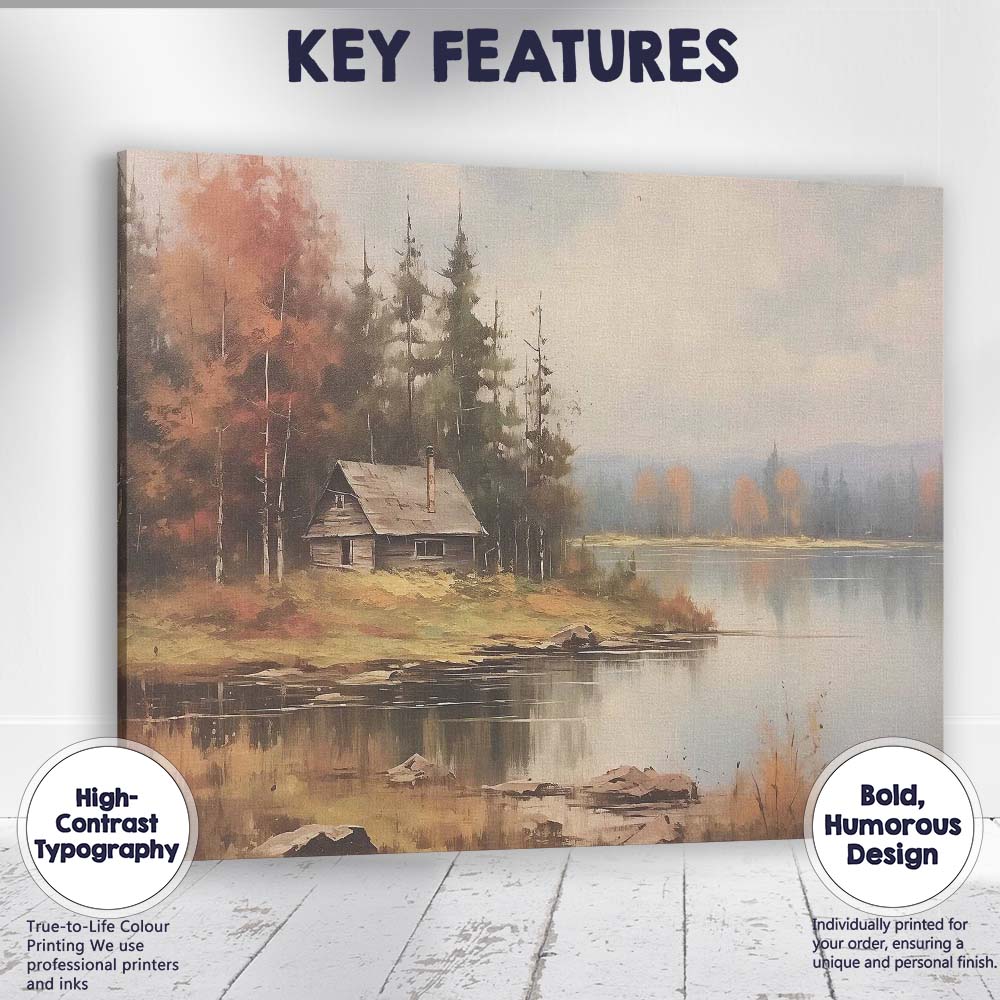 Misty Autumn Lakeside Cabin Forest Landscape Painting Canvas Wall Art Print Decor Picture Ready to Hang