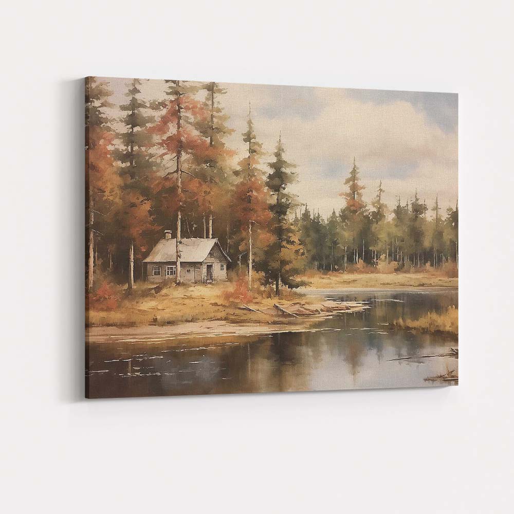 Rustic Forest Cabin Lake Autumn Woodland Scenic Landscape Canvas Wall Art Print Decor Picture Ready to Hang