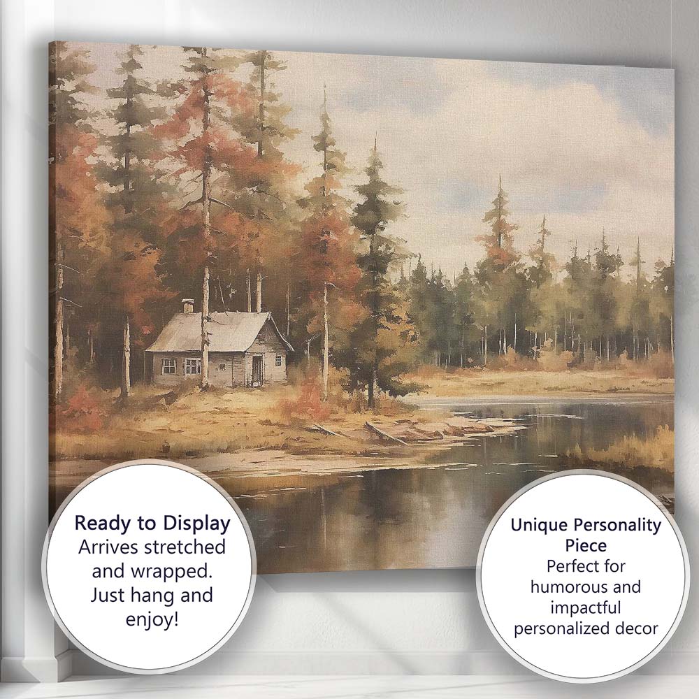 Rustic Forest Cabin Lake Autumn Woodland Scenic Landscape Canvas Wall Art Print Decor Picture Ready to Hang