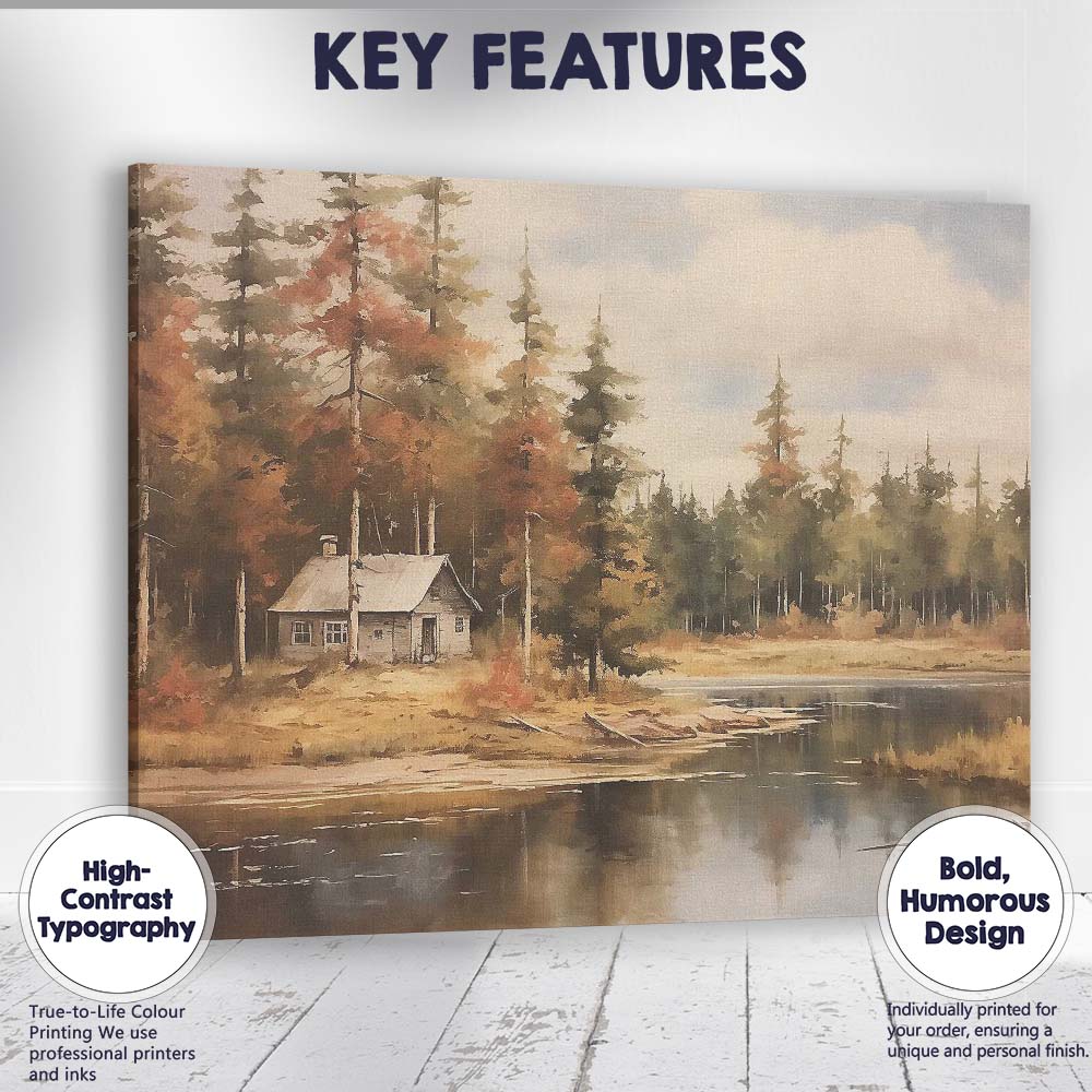 Rustic Forest Cabin Lake Autumn Woodland Scenic Landscape Canvas Wall Art Print Decor Picture Ready to Hang