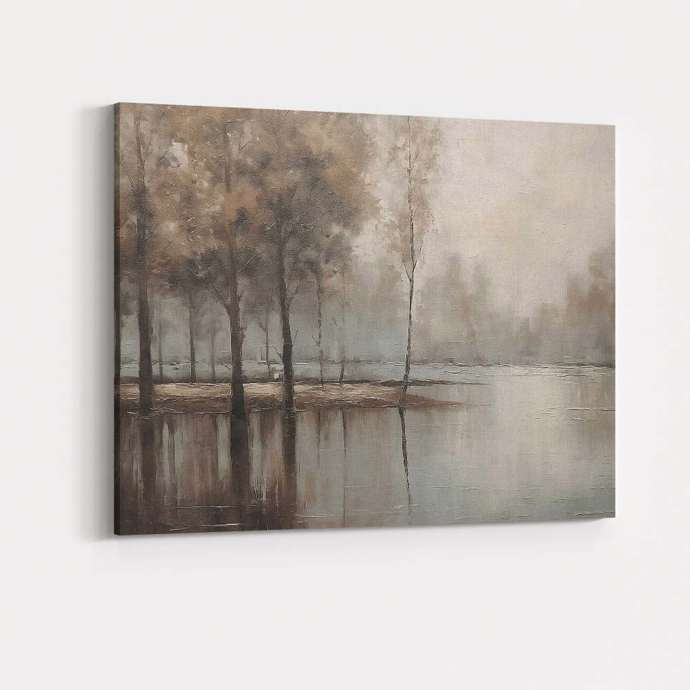 Foggy Woodland Lake Reflection Neutral Landscape Canvas Wall Art Print Decor Picture Ready to Hang