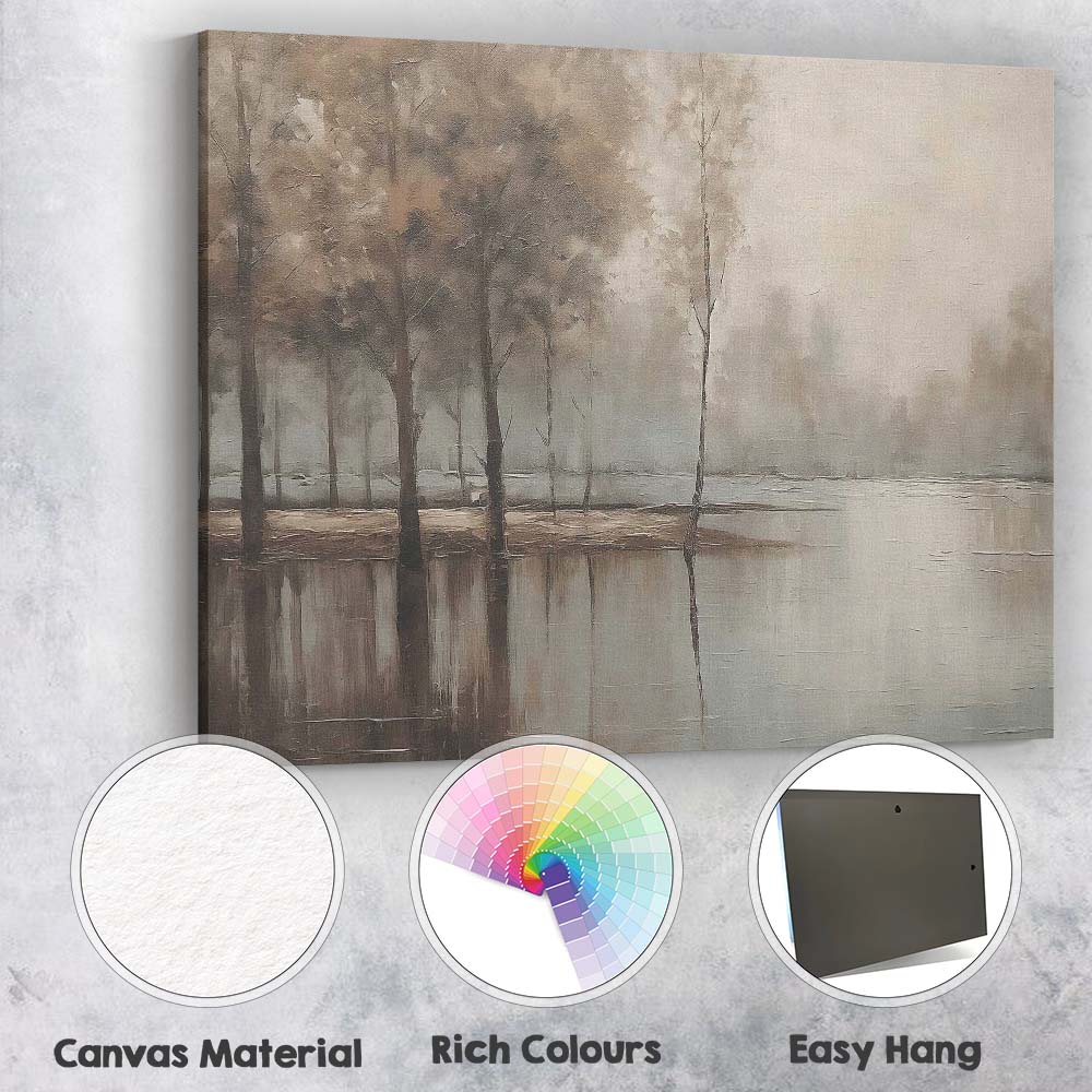 Foggy Woodland Lake Reflection Neutral Landscape Canvas Wall Art Print Decor Picture Ready to Hang