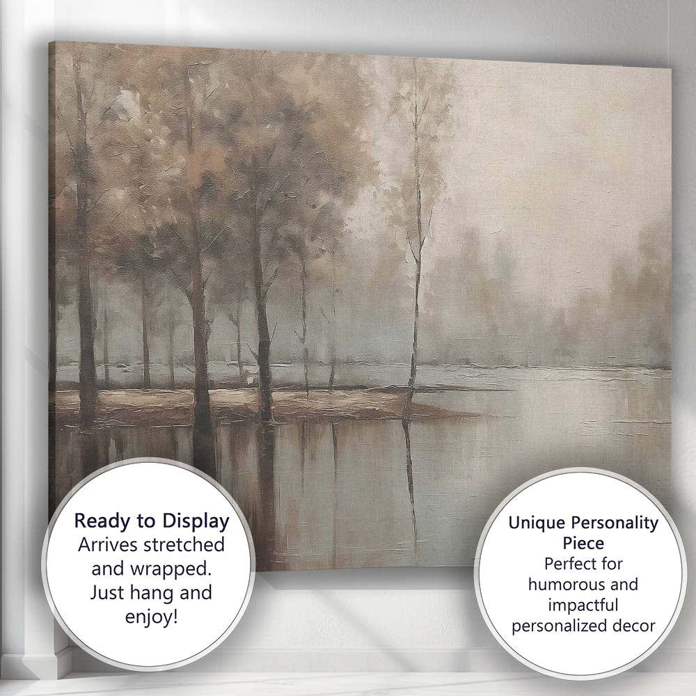 Foggy Woodland Lake Reflection Neutral Landscape Canvas Wall Art Print Decor Picture Ready to Hang