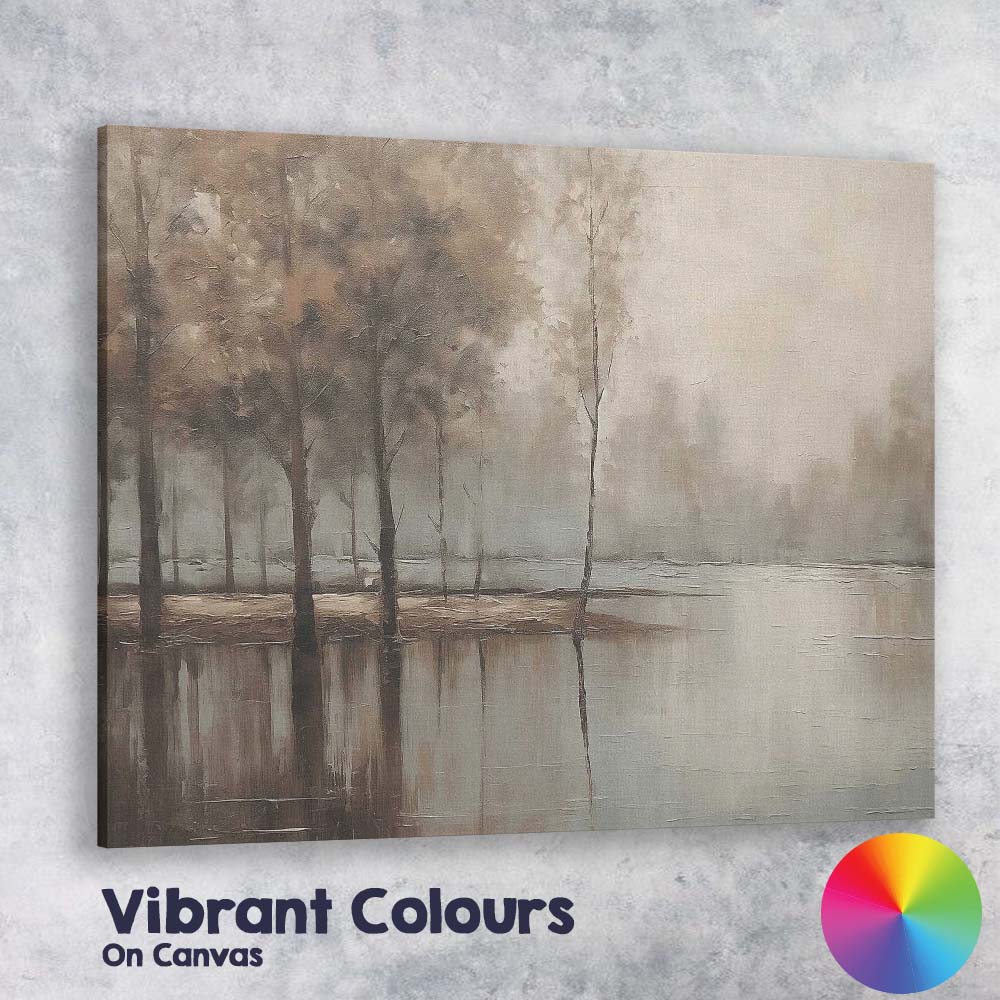 Foggy Woodland Lake Reflection Neutral Landscape Canvas Wall Art Print Decor Picture Ready to Hang